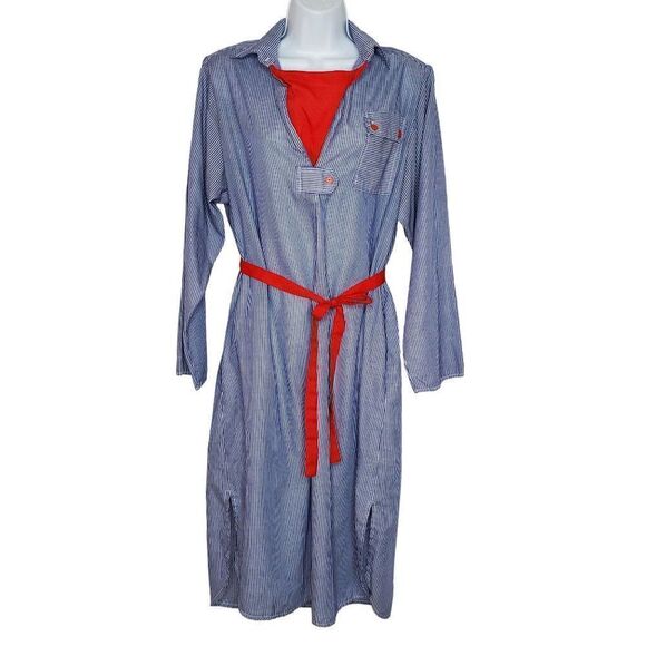 Vintage 80s Blue Stripe Collared Shirt Dress 14 Light Weight Beach Nautical Red - Picture 1 of 7